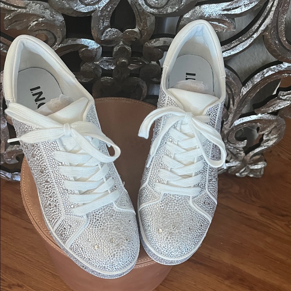 INC International Concepts White Rhinestone Embellished Lace-Up Sneakers - Picture 2 of 6